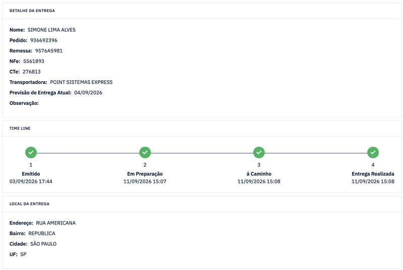 Timeline de um pedido na MyTracking: detalhe da entrega, timeline de etapas e local da entrega