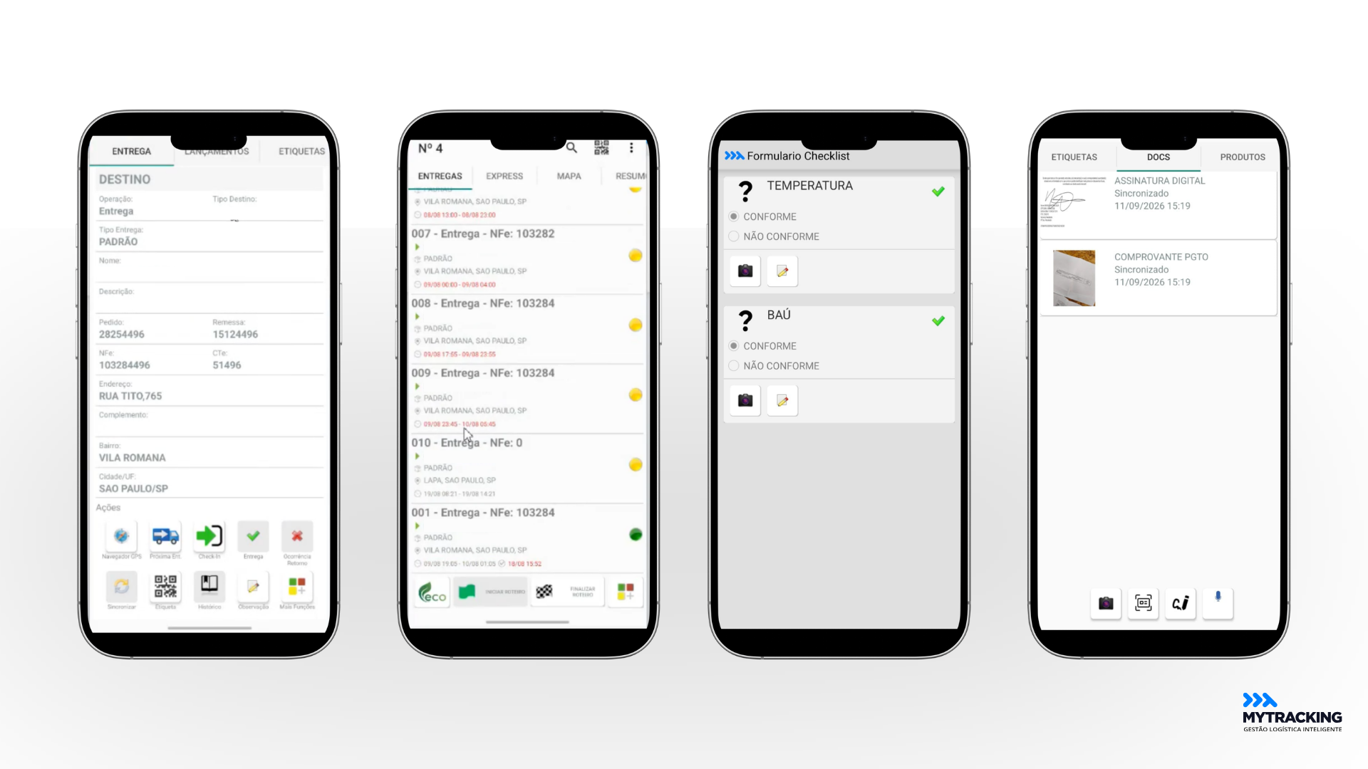 App do Entregador MyTracking: telas de roteiro, checklist, comprovação de entrega com foto e assinatura, e documentos sincronizados