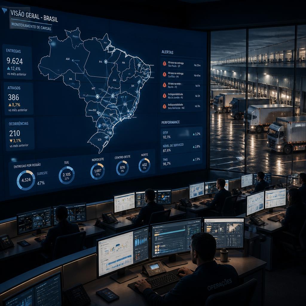 Torre de controle acompanhando operações logísticas de clientes