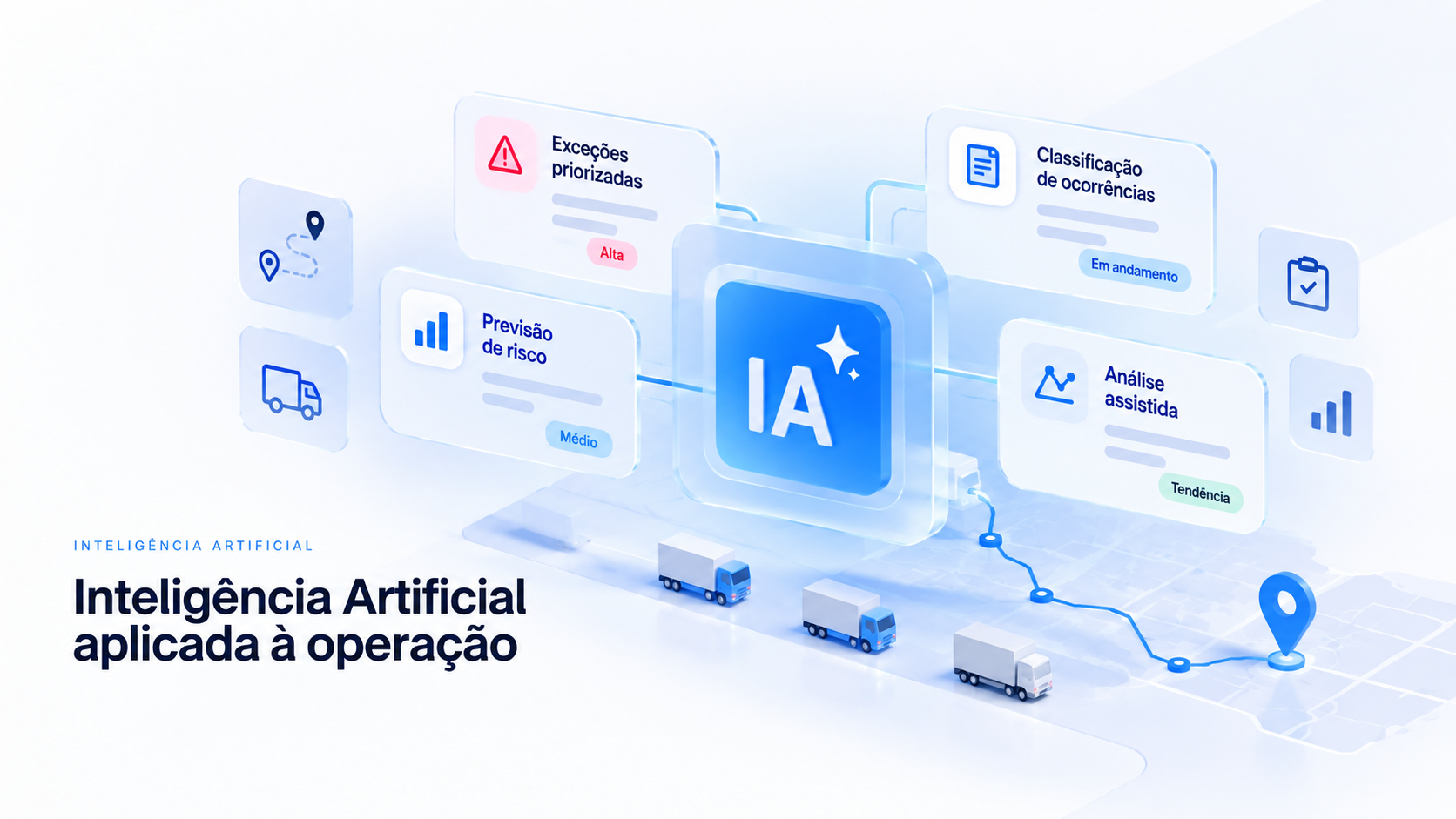 Conceito de Inteligência Artificial aplicada à operação logística: priorização de exceções, classificação de ocorrências, análise assistida e previsão de risco conectadas a um hub central de IA